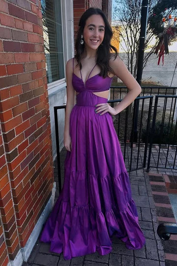 Purple Satin Tiered Maxi Dress with Spaghetti Straps, Waist Cutouts & Open Back