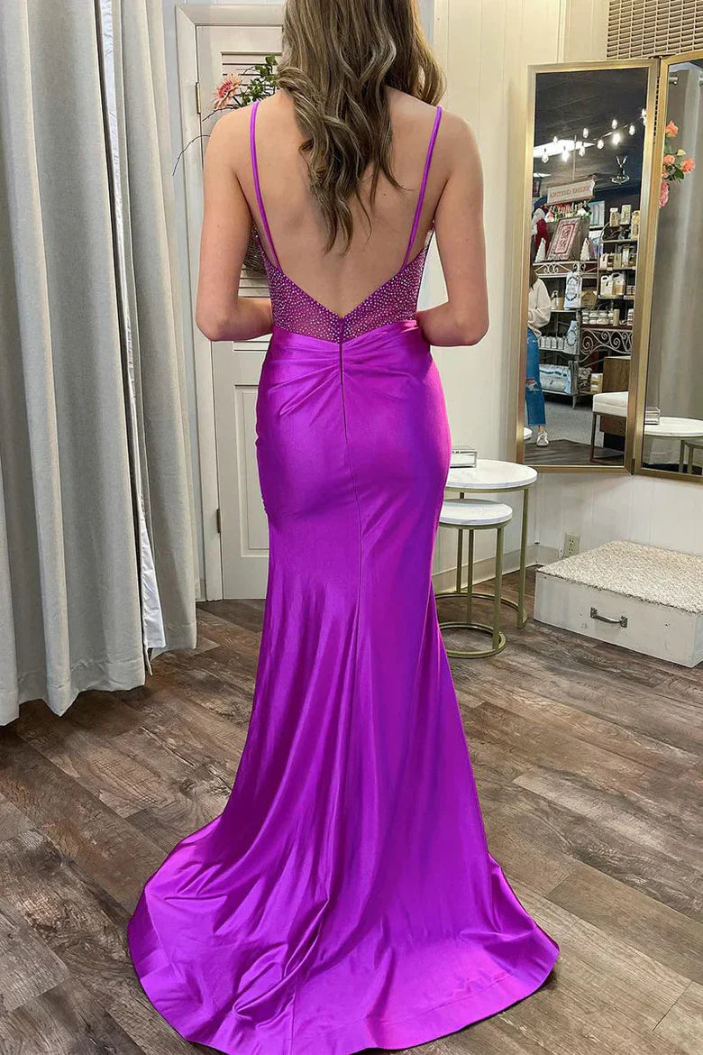 Purple Spaghetti Strap Satin Mermaid Prom Dress with Beaded Corset and High Slit