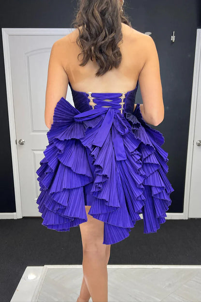 Purple Strapless A-Line Ruffles V-Neck Short Homecoming Dress