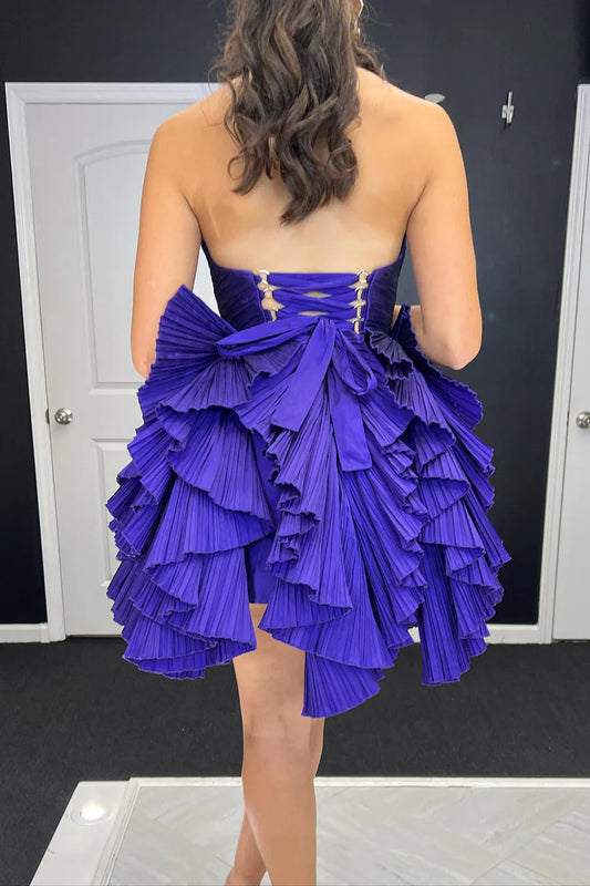 Purple Strapless A-Line Ruffles V-Neck Short Homecoming Dress