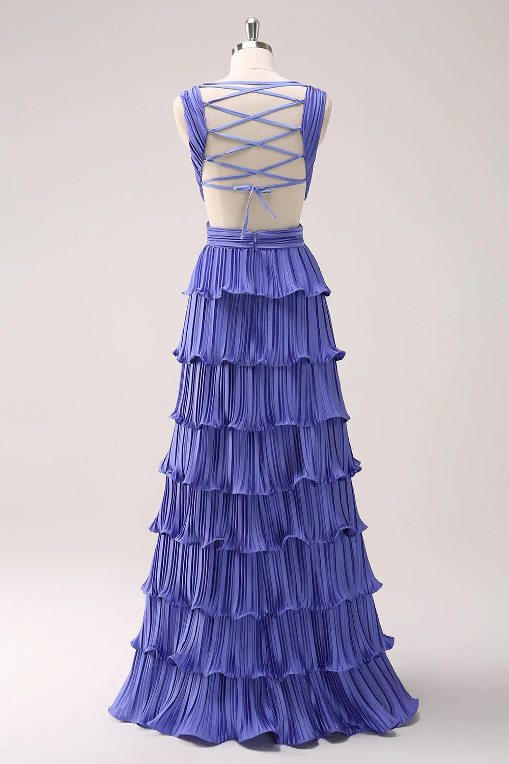 Purple A Line Deep V Neck Tiered Chiffon Long Bridesmaid Dress with Slit