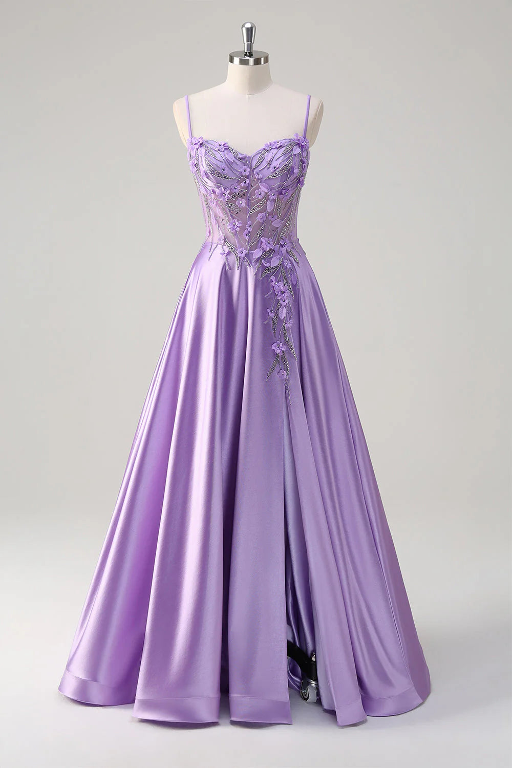 Purple flower A-line 3D flower transparent tight corset bead dress with slit