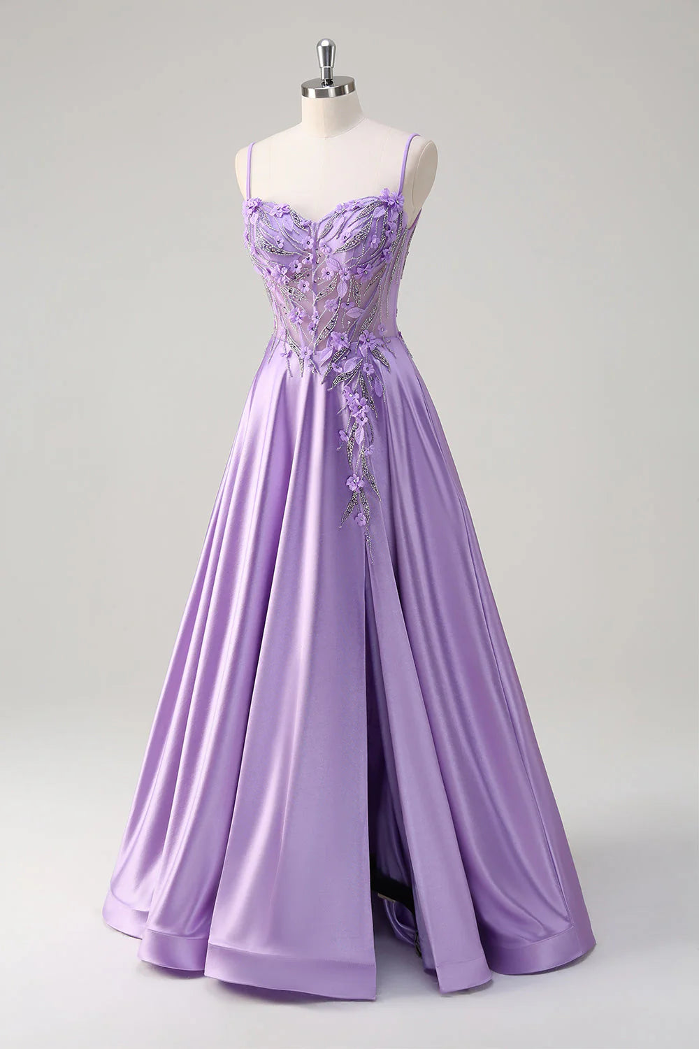 Purple flower A-line 3D flower transparent tight corset bead dress with slit