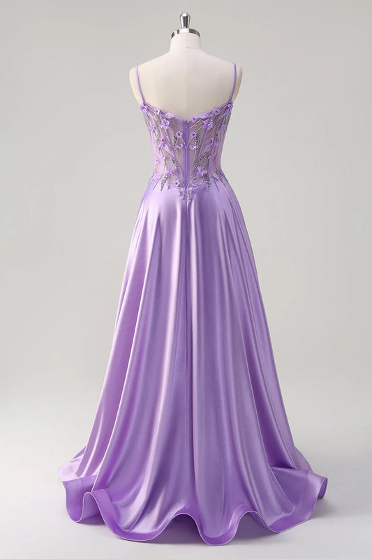 Purple flower A-line 3D flower transparent tight corset bead dress with slit