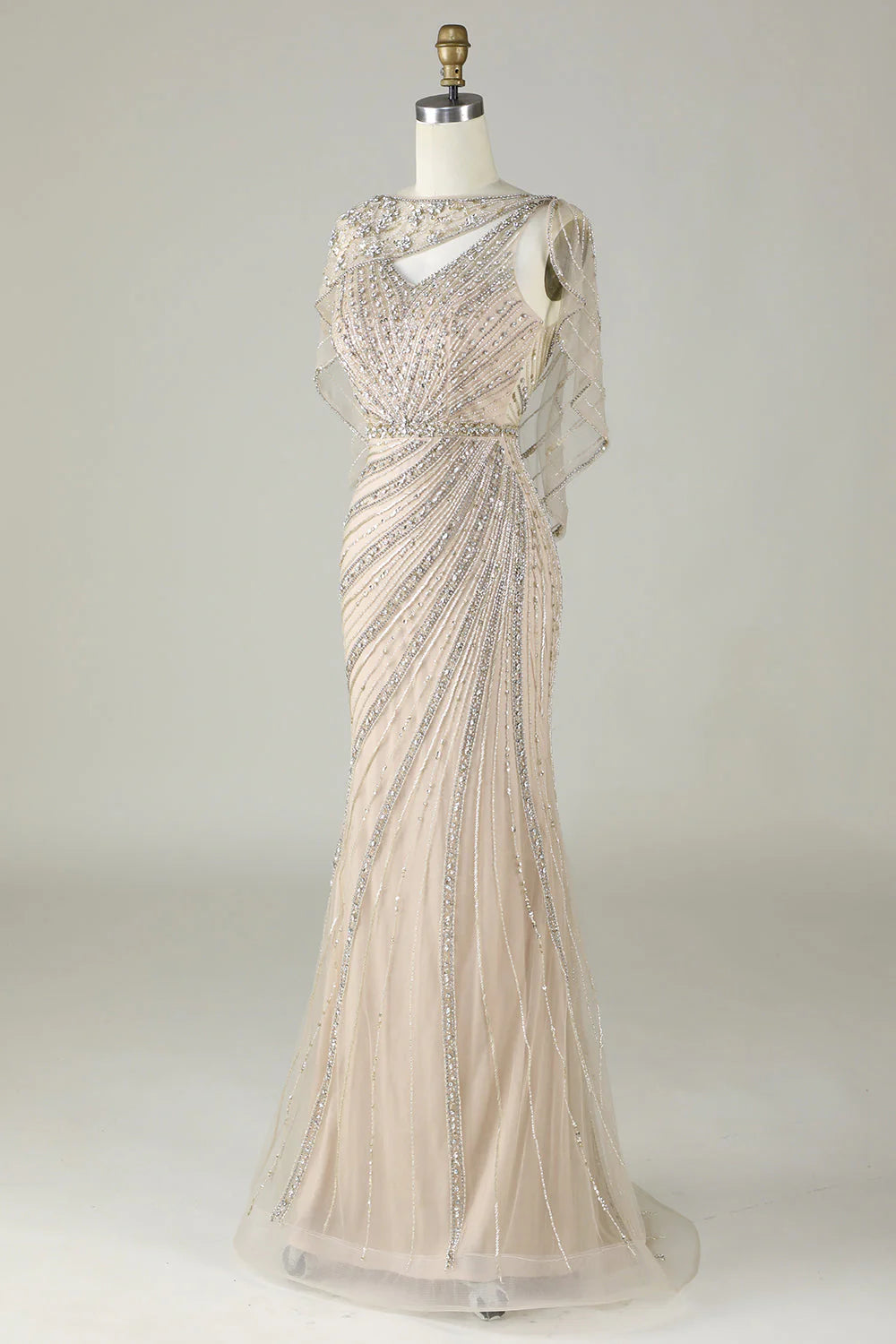Sparkly Mermaid Champagne Beaded Long Prom Dress with Wrap