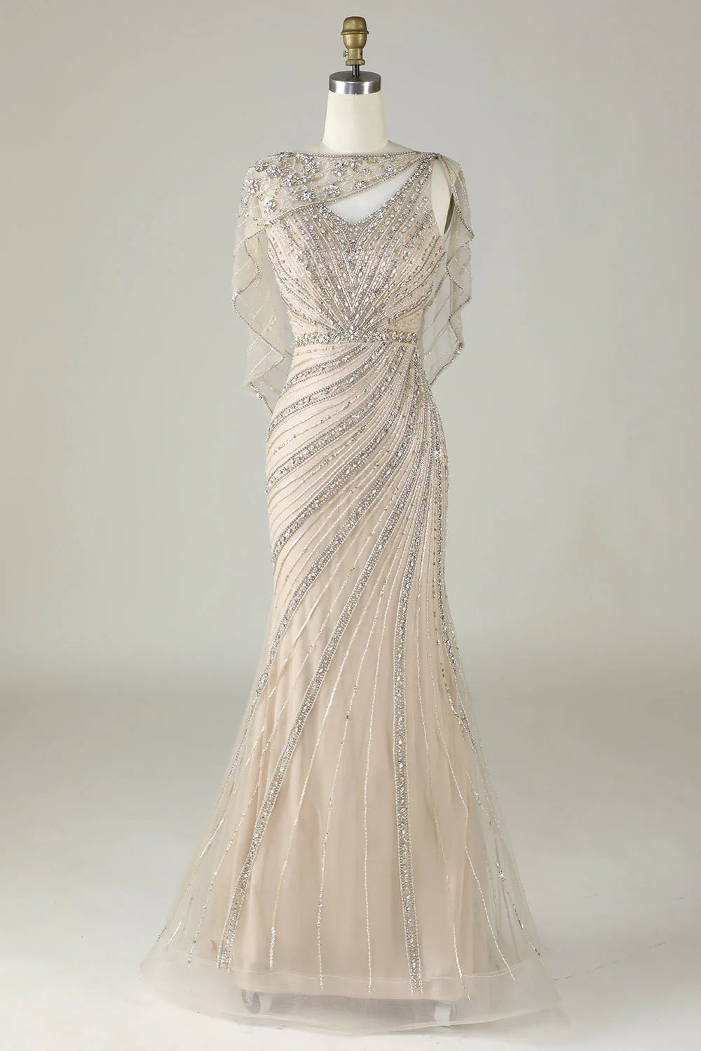 Sparkly Mermaid Champagne Beaded Long Prom Dress with Wrap