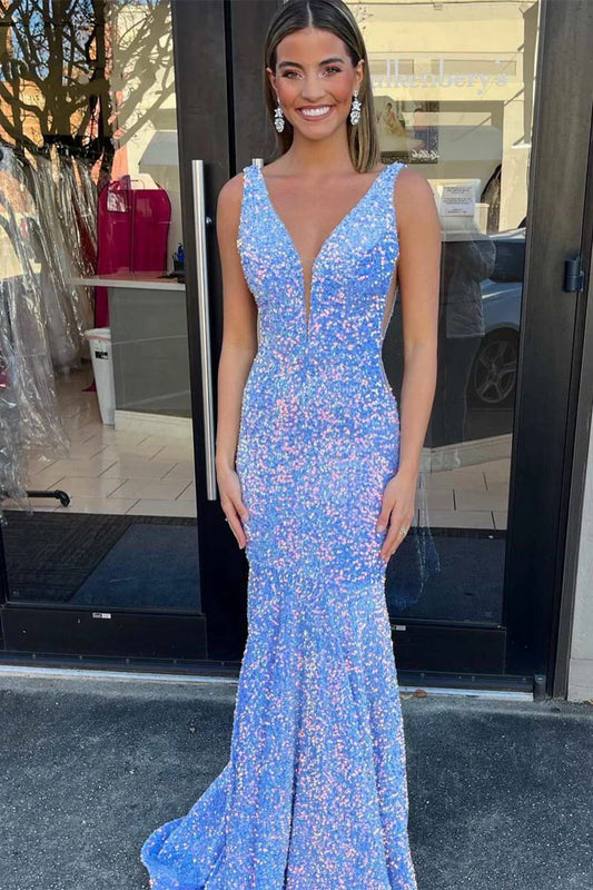Rainbow sequin V-shaped mermaid long formal dress