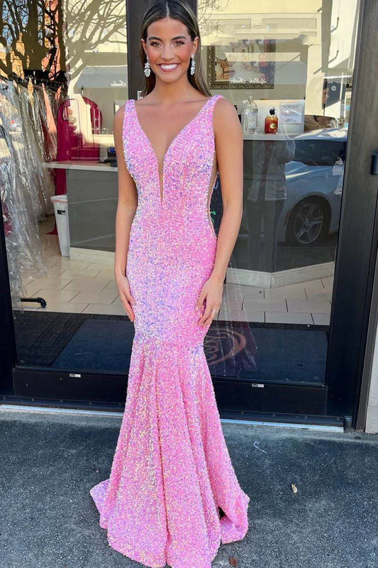 Rainbow sequin V-shaped mermaid long formal dress