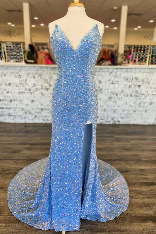 Rainbow sequin strapless mermaid formal dress with slit