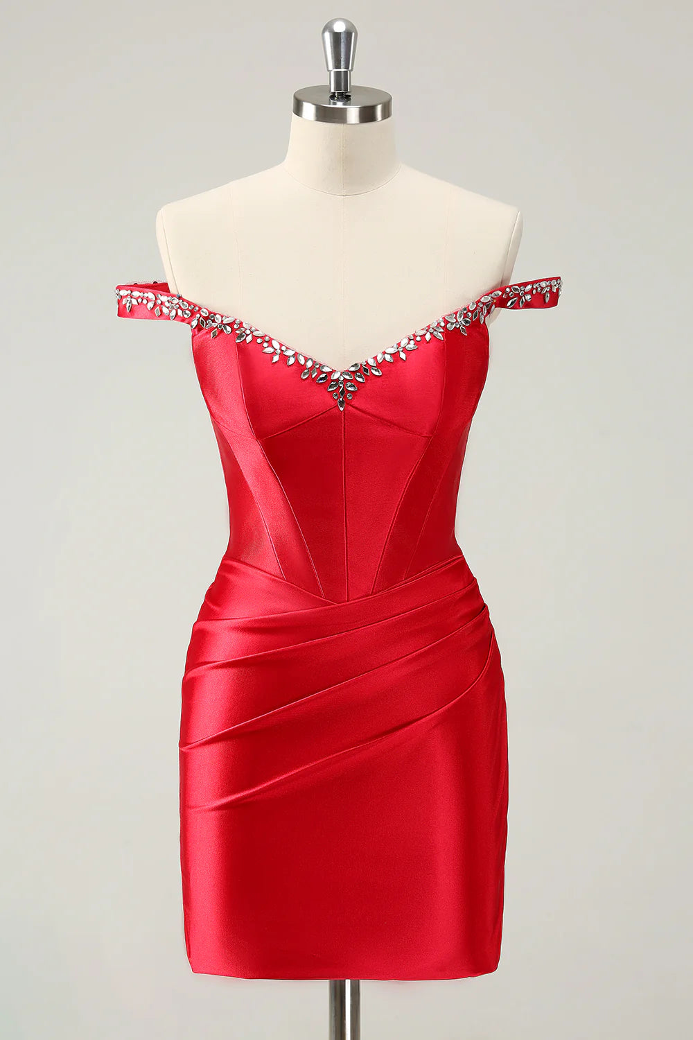 Red off-shoulder sheath short homecoming dress with pleated corset and rhinestones, front view.