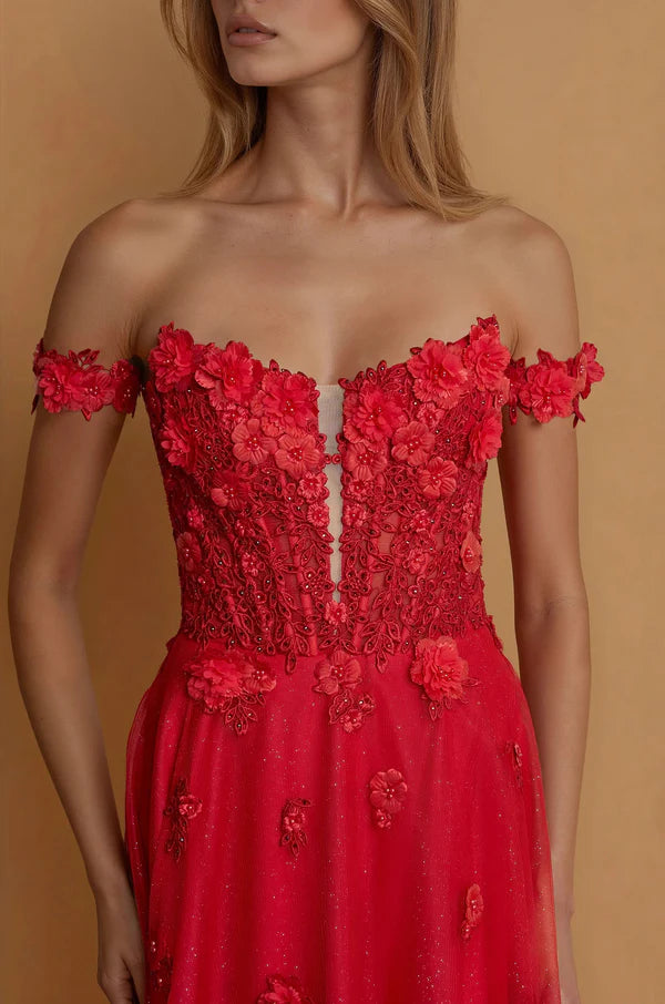 Red 3D Floral Applique Off-the-Shoulder Glitter Tulle Maxi Evening Dresses