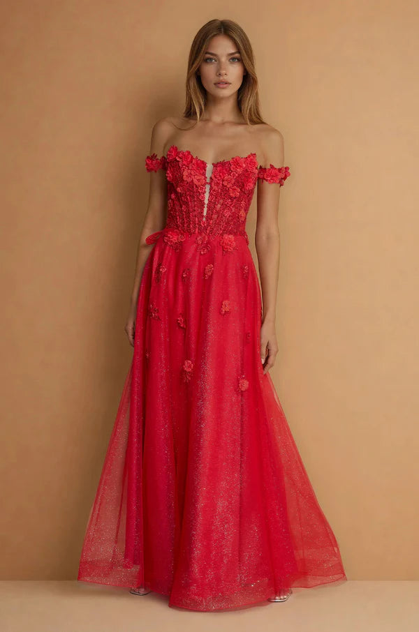 Red 3D Floral Applique Off-the-Shoulder Glitter Tulle Maxi Evening Dresses