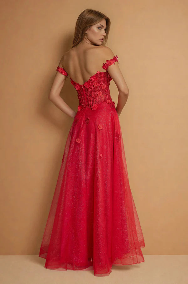 Red 3D Floral Applique Off-the-Shoulder Glitter Tulle Maxi Evening Dresses