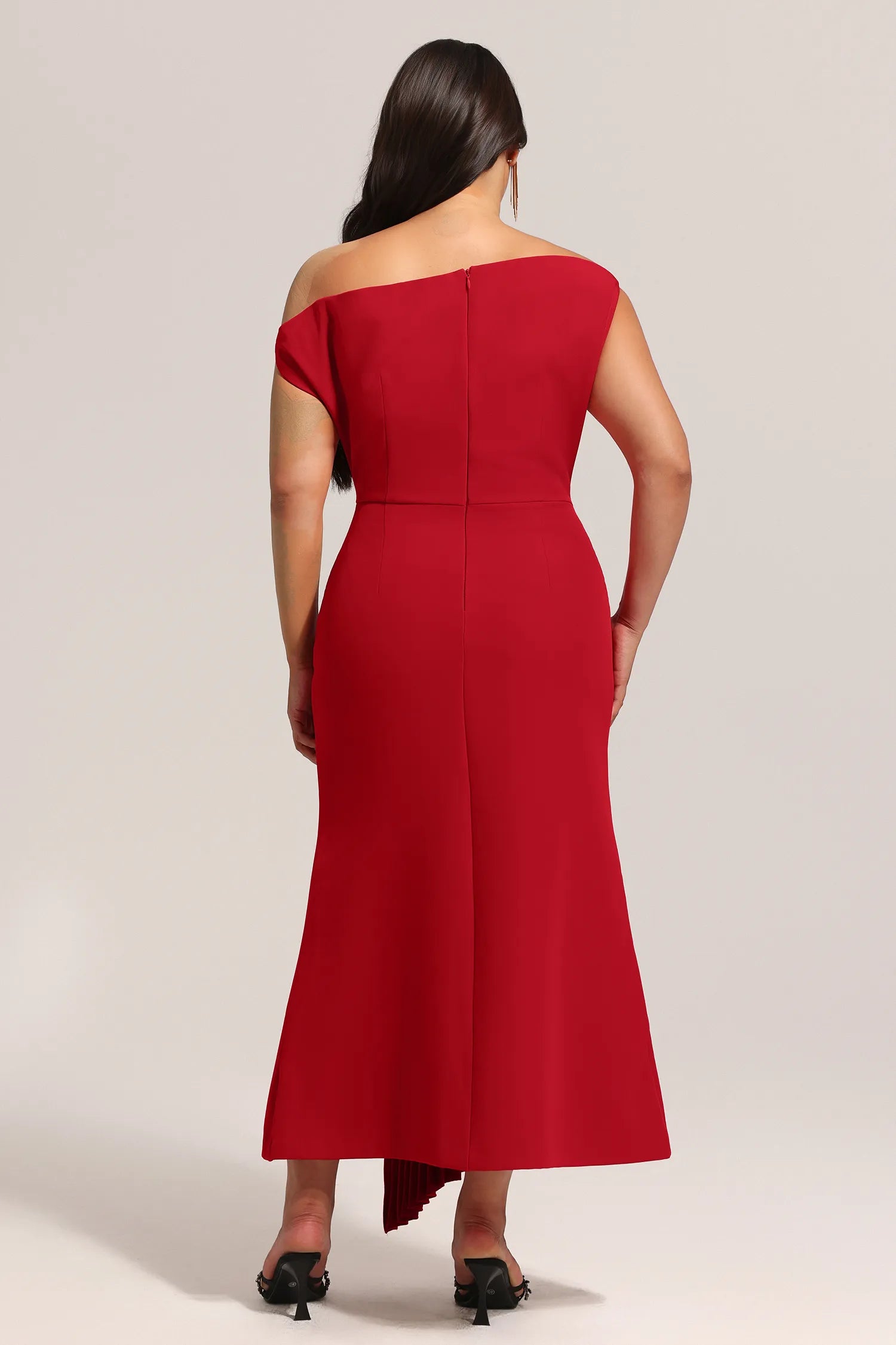 Red Asymmetric Neck Pleated Detail Mermaid Midi Evening Dresses