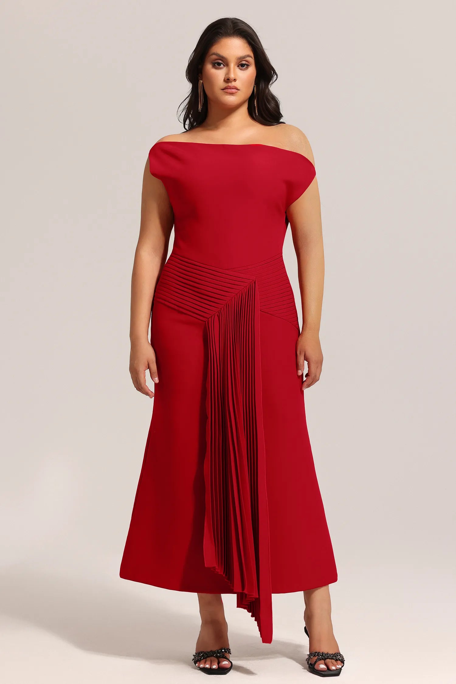 Red Asymmetric Neck Pleated Detail Mermaid Midi Evening Dresses