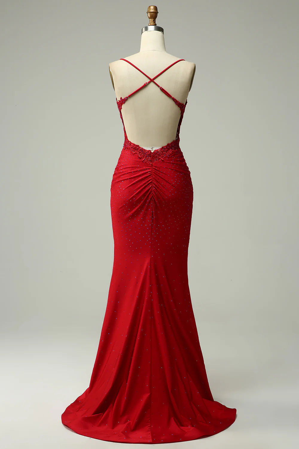 Red Beaded Spaghetti Strap Mermaid Evening Dresses