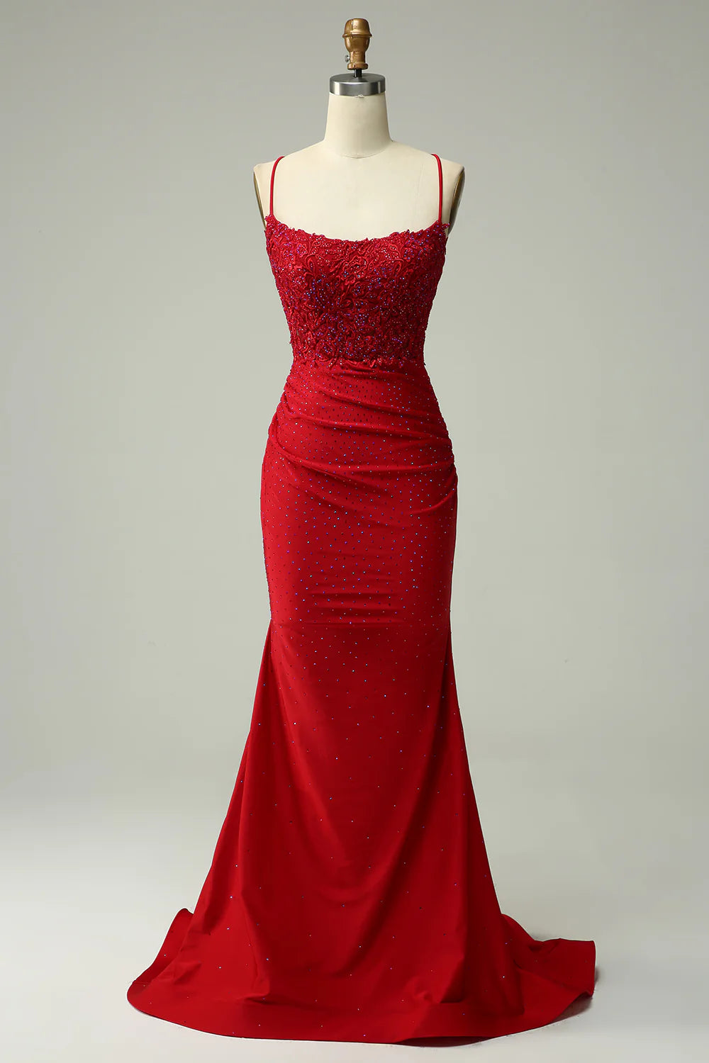 Red Beaded Spaghetti Strap Mermaid Evening Dresses