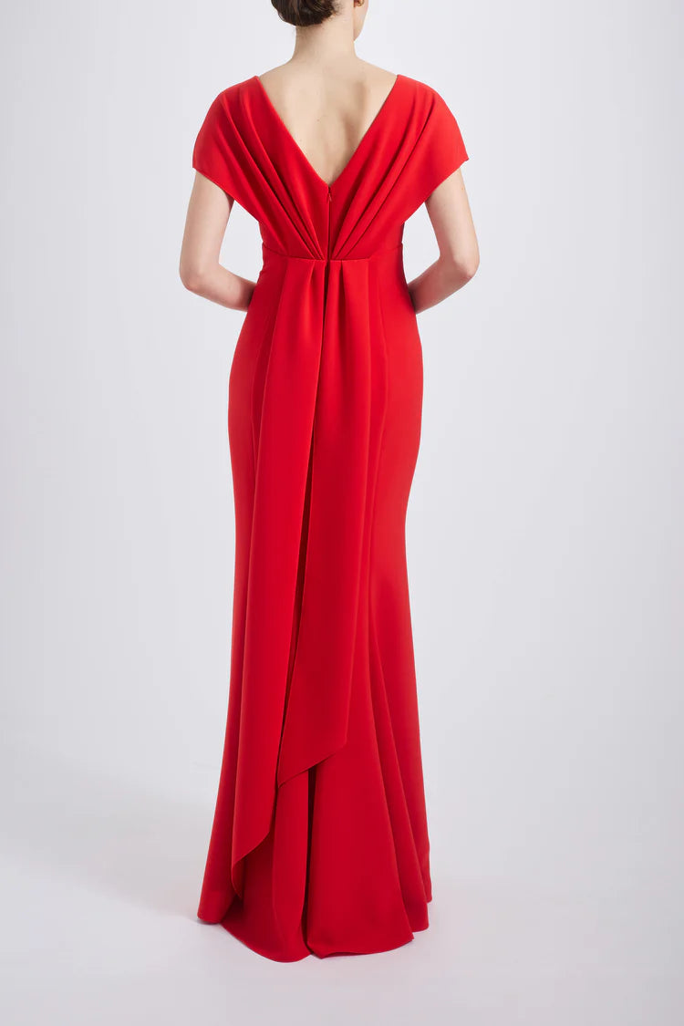 Red Cap Sleeve Draped V-Back Mermaid Maxi Evening Dresses