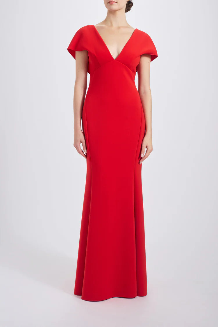 Red Cap Sleeve Draped V-Back Mermaid Maxi Evening Dresses