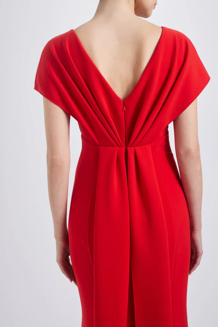 Red Cap Sleeve Draped V-Back Mermaid Maxi Evening Dresses