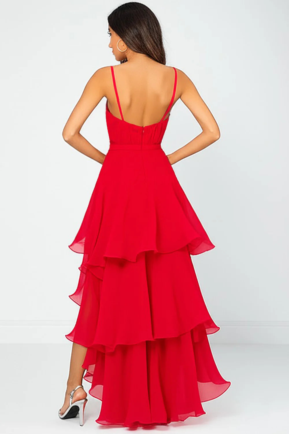 Red Chiffon Deep V-Neck Spaghetti Strap Tiered High Low Evening Dresses