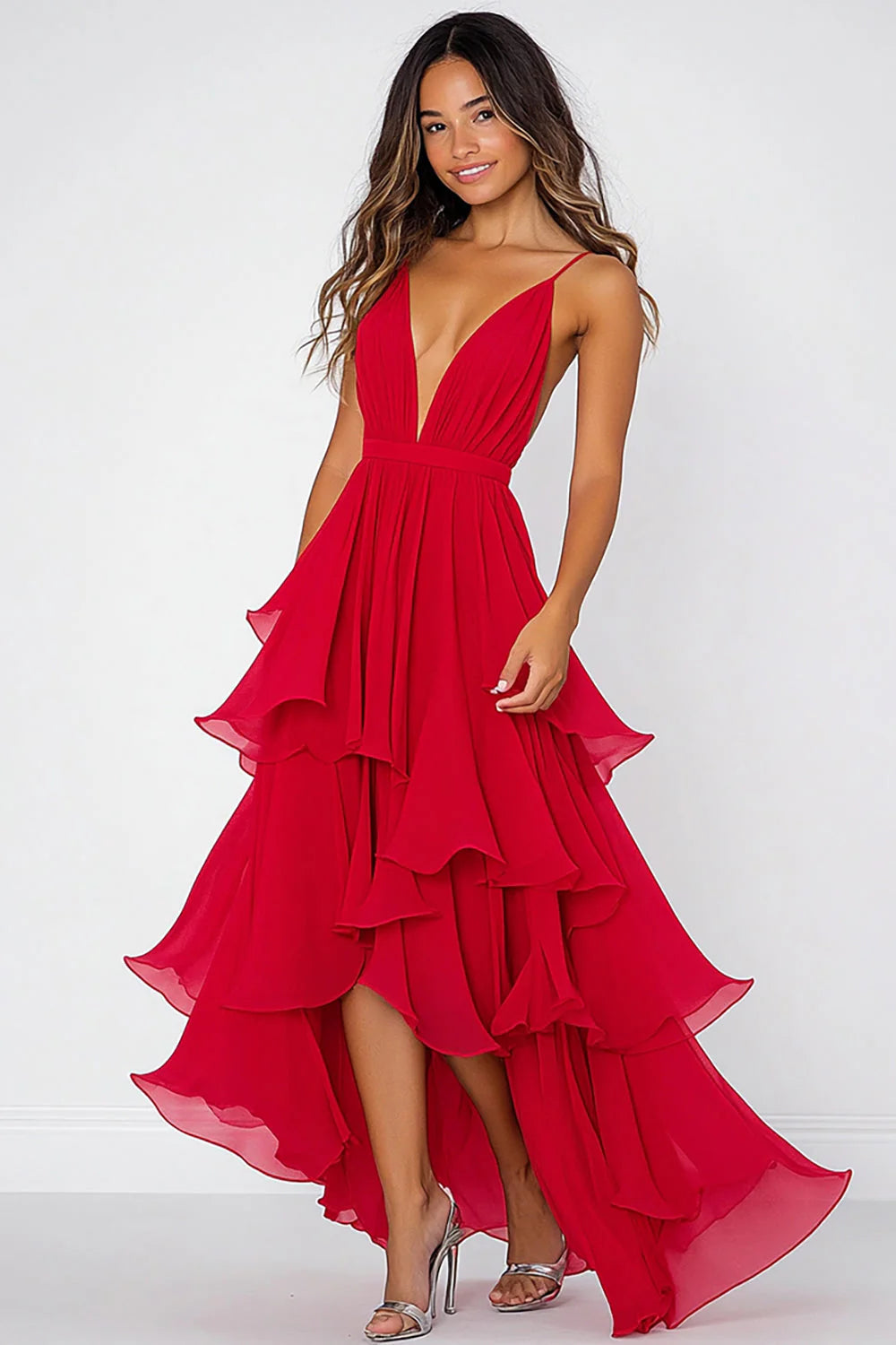 Red Chiffon Deep V-Neck Spaghetti Strap Tiered High Low Evening Dresses