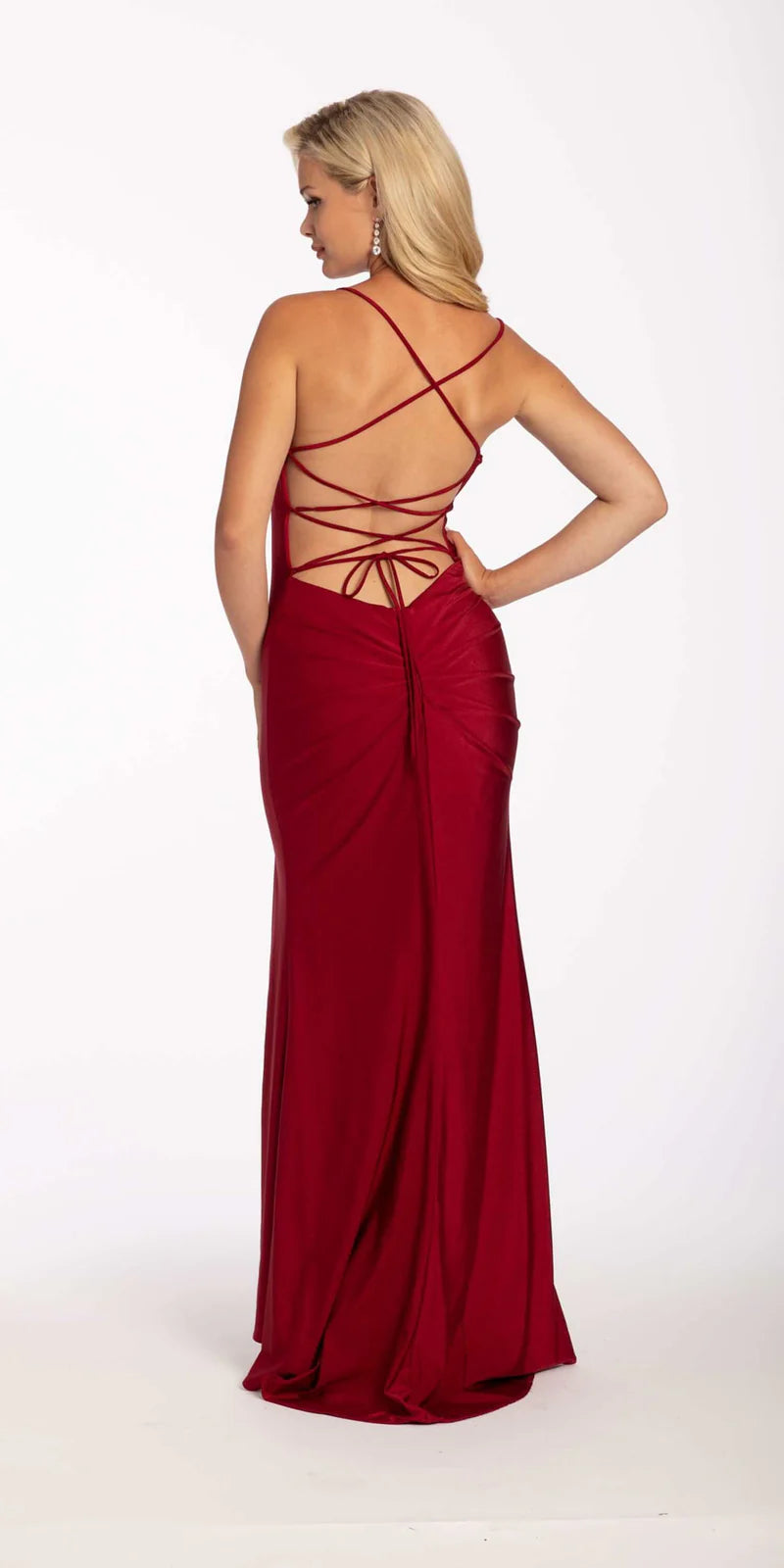 Red Cowl Neck Lace-Up Back High Slit Satin Gown Homecoming & Prom Dresses