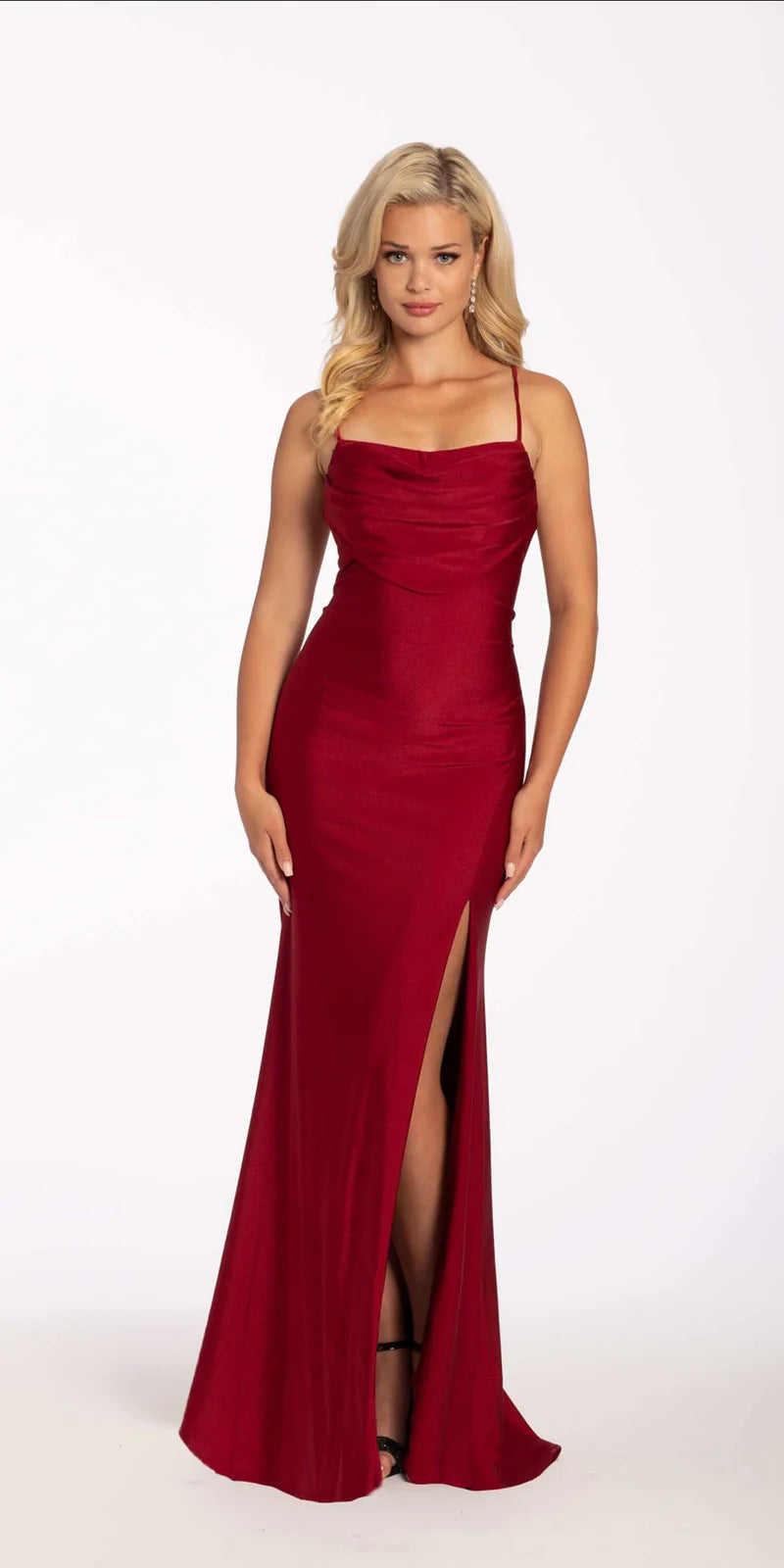 Red Cowl Neck Lace-Up Back High Slit Satin Gown Homecoming & Prom Dresses