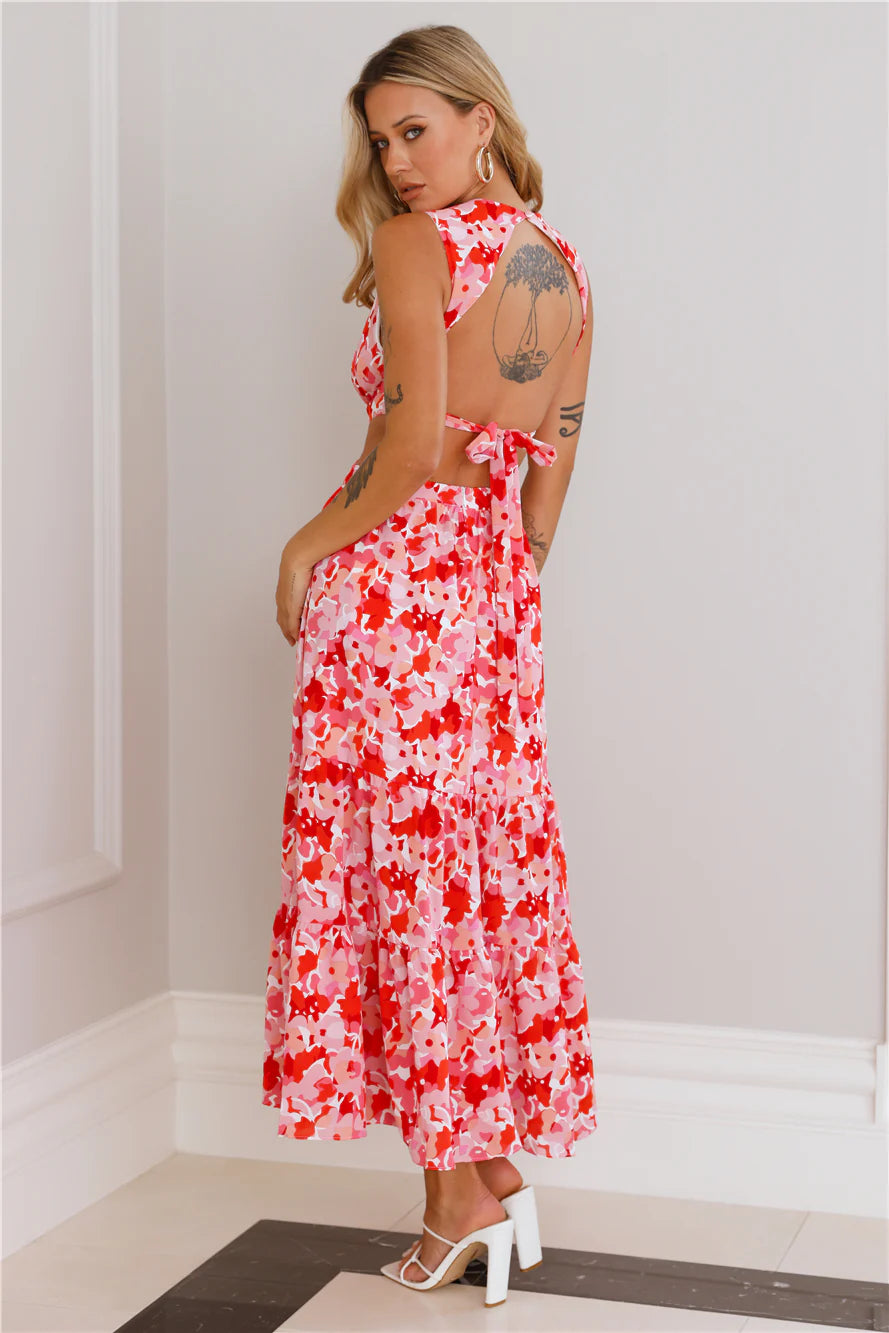 Red Floral Cutout Backless Tiered Midi Evening Dresses