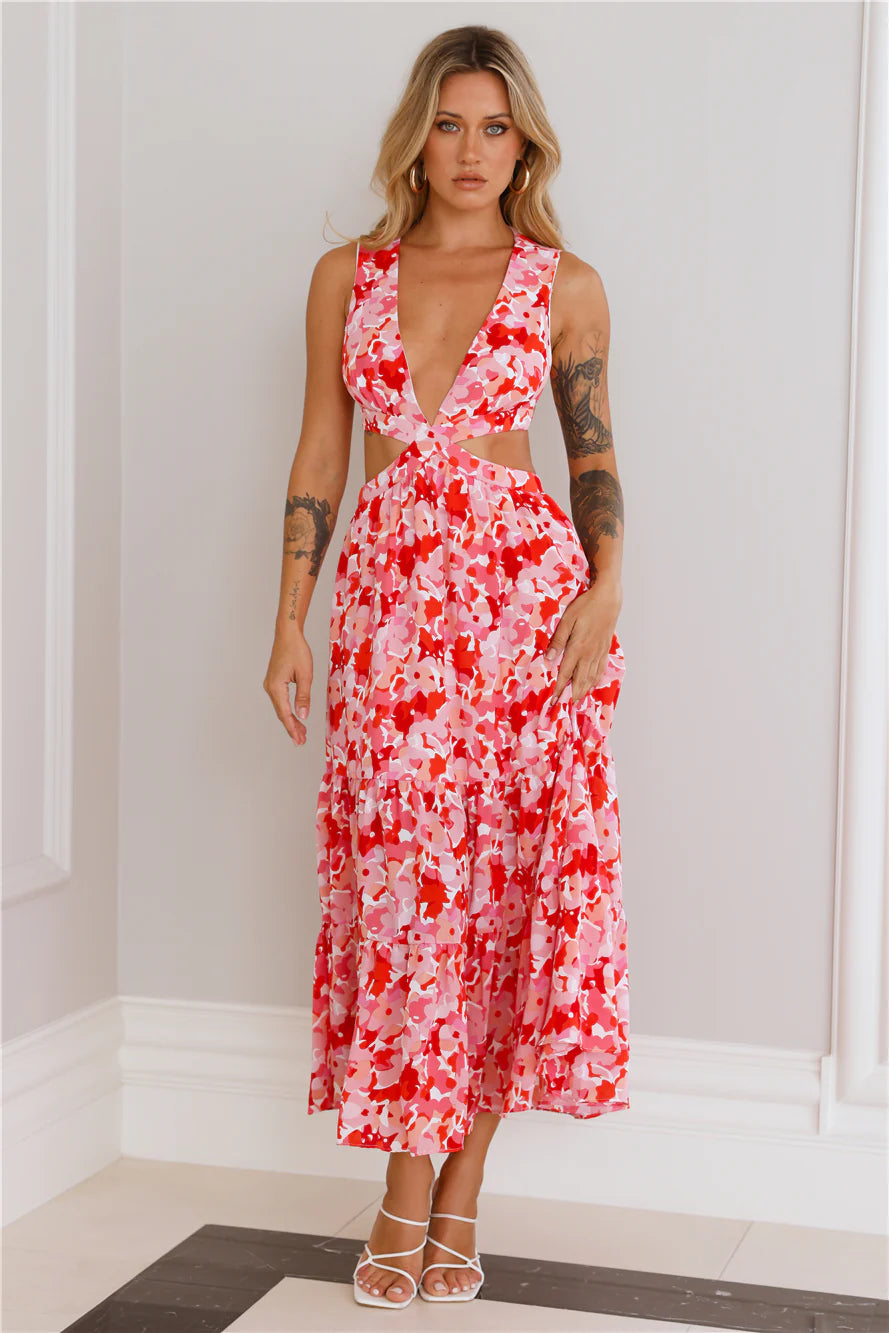 Red Floral Cutout Backless Tiered Midi Evening Dresses