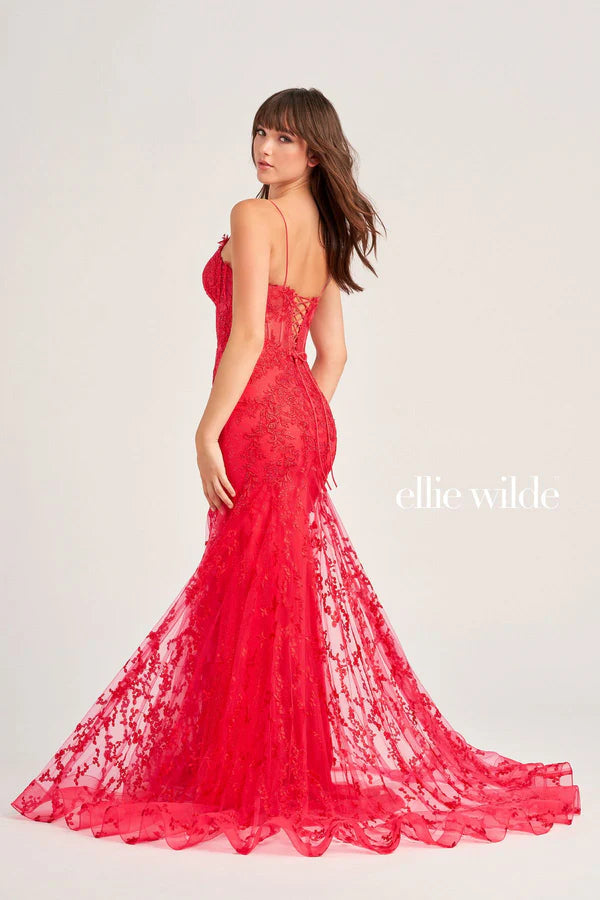 Red Floral Lace Spaghetti Strap Mermaid Train Maxi Evening Dresses