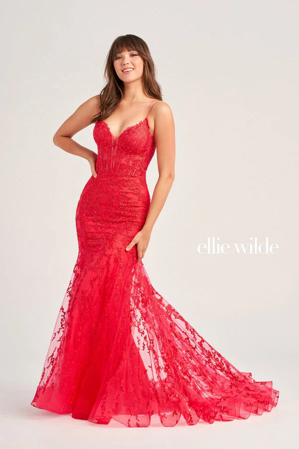 Red Floral Lace Spaghetti Strap Mermaid Train Maxi Evening Dresses