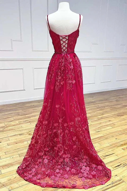 Red Floral Lace V-Neck Lace-Up A-Line Prom Dress
