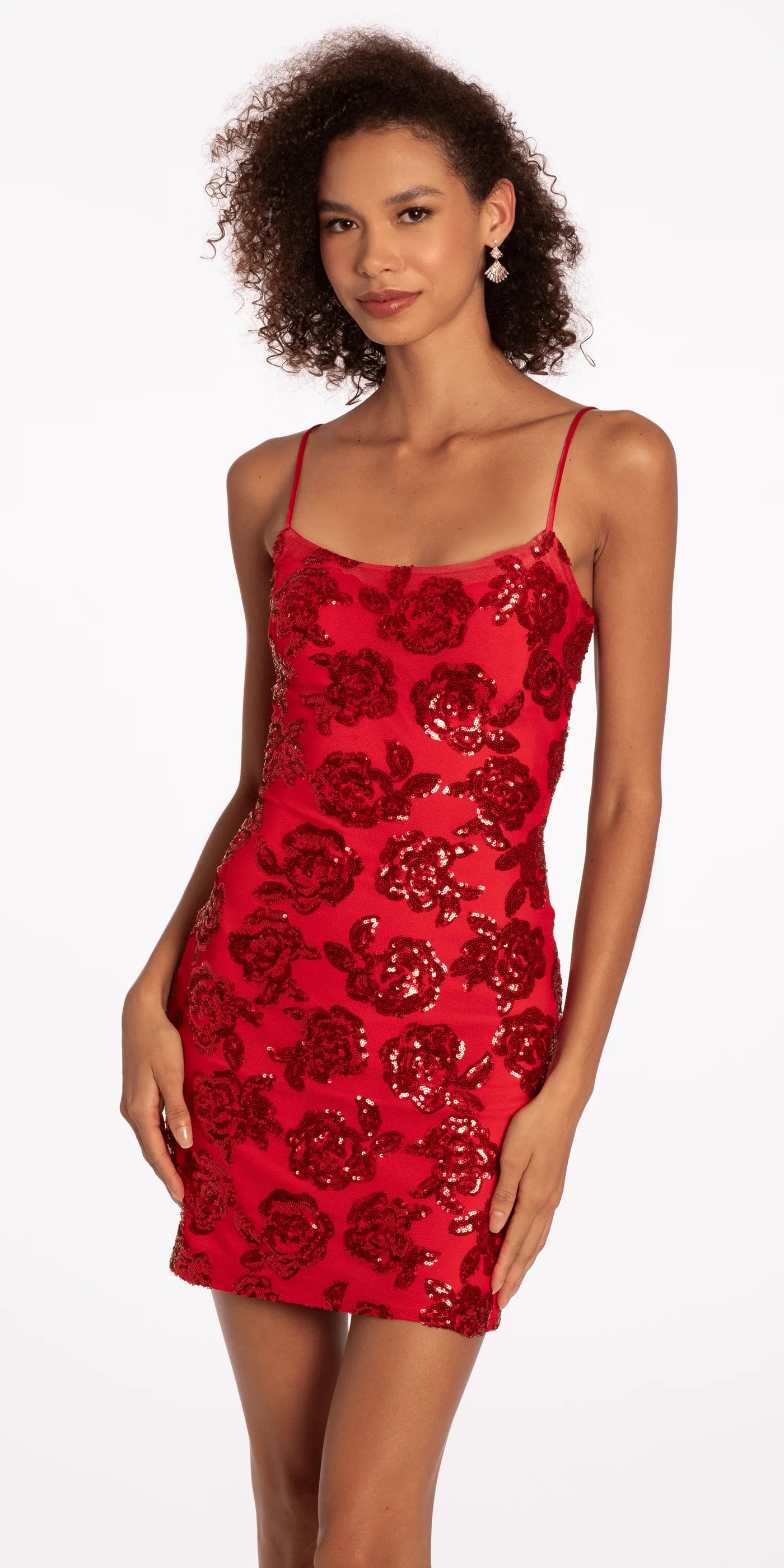 Red Floral Sequin Spaghetti Strap Lace-Up Back Bodycon Mini Evening Dresses
