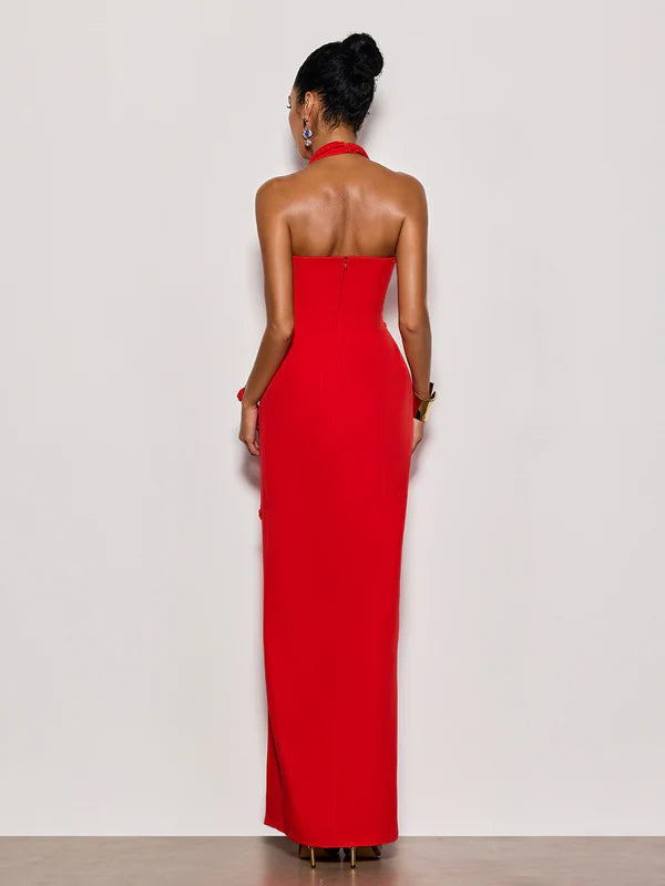 Red Halter Neck Braided Sash High-Slit Evening Dresses