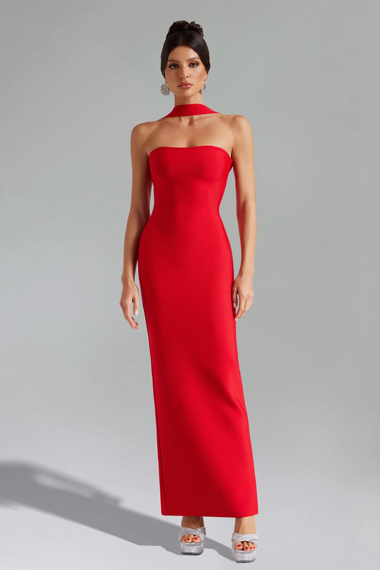 Red Halter Neck Cutout Bandage Maxi Evening Dresses