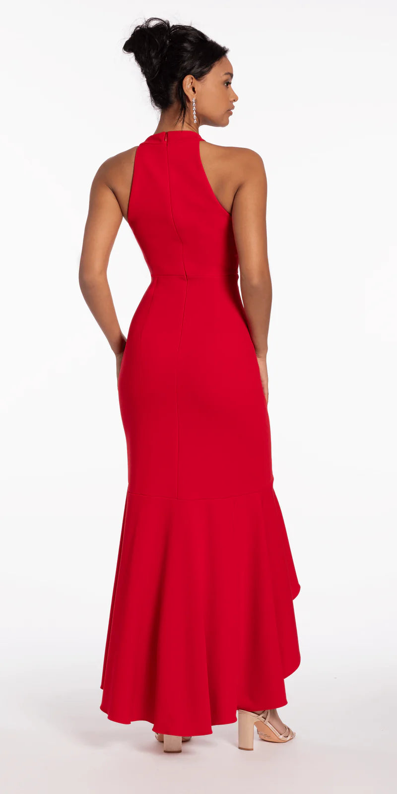 Red Halter Neck Ruched Ruffle High-Low Midi Evening Dresses