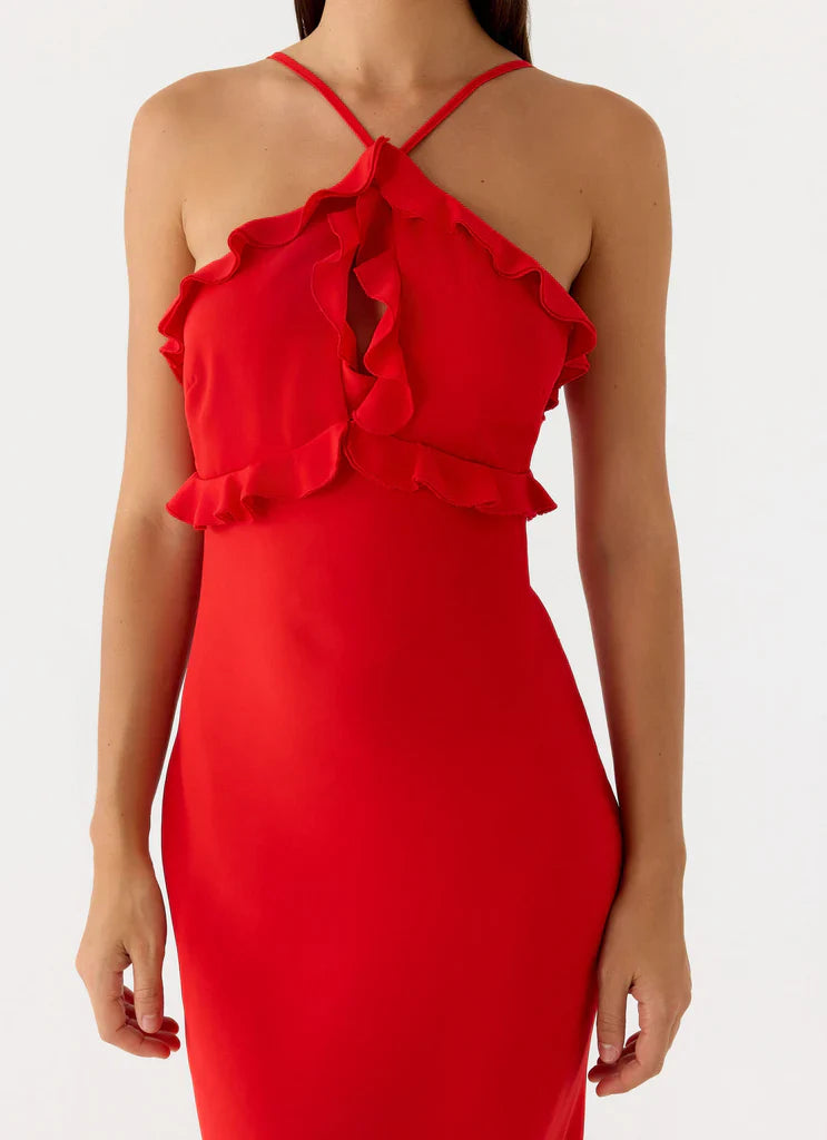 Red Halter Neck Ruffle Trim Open Back Maxi Prom Dress for Formal Weddings and Events