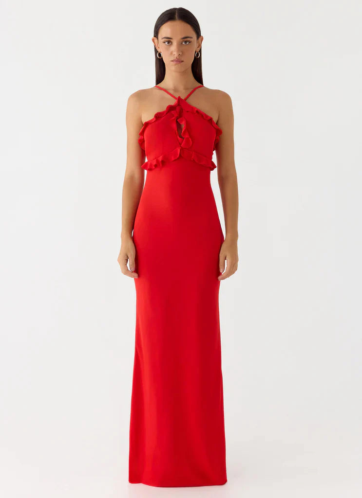 Red Halter Neck Ruffle Trim Open Back Maxi Prom Dress for Formal Weddings and Events