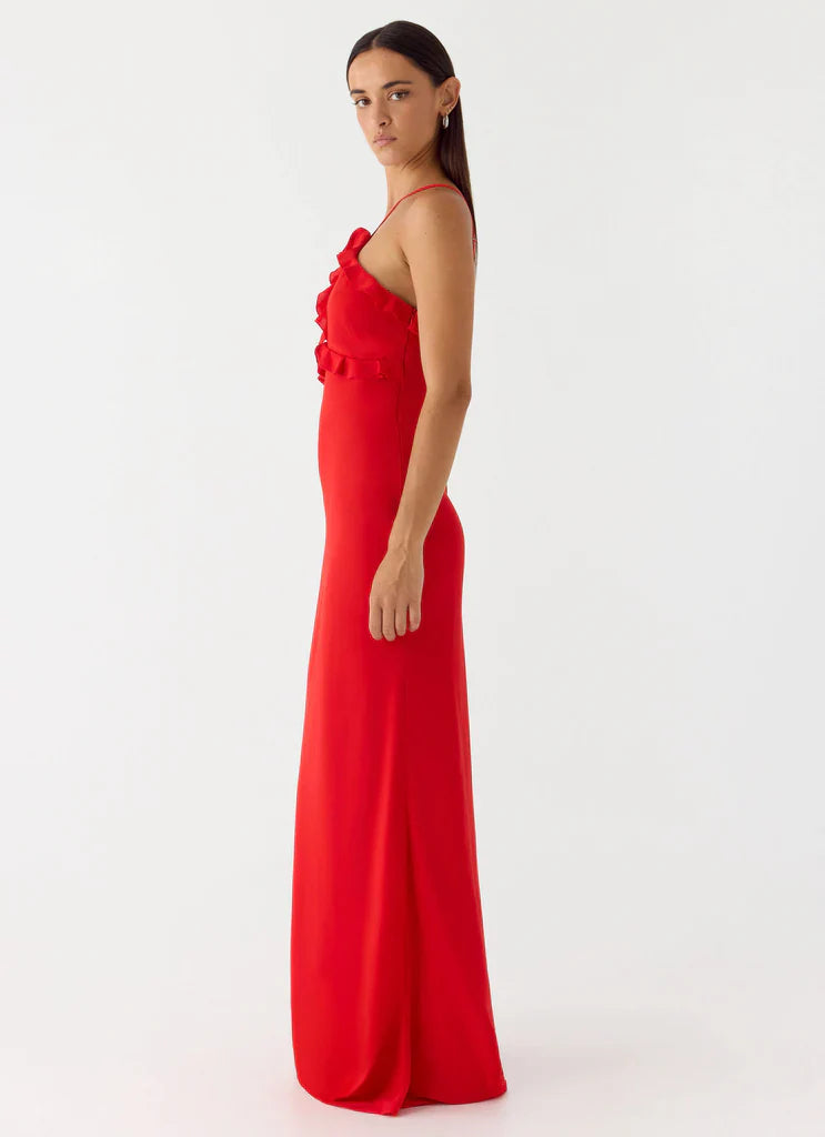 Red Halter Neck Ruffle Trim Open Back Maxi Prom Dress for Formal Weddings and Events