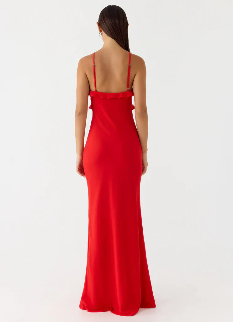 Red Halter Neck Ruffle Trim Open Back Maxi Prom Dress for Formal Weddings and Events