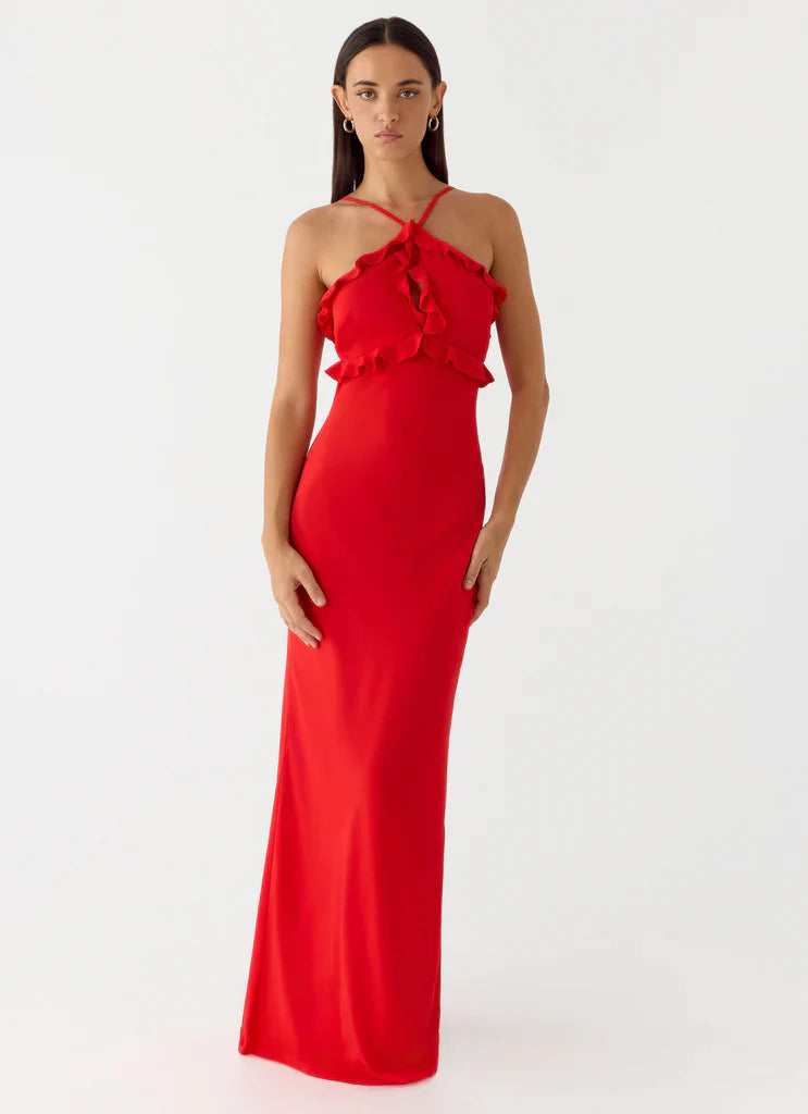 Red Halter Neck Ruffle Trim Open Back Maxi Prom Dress for Formal Weddings and Events