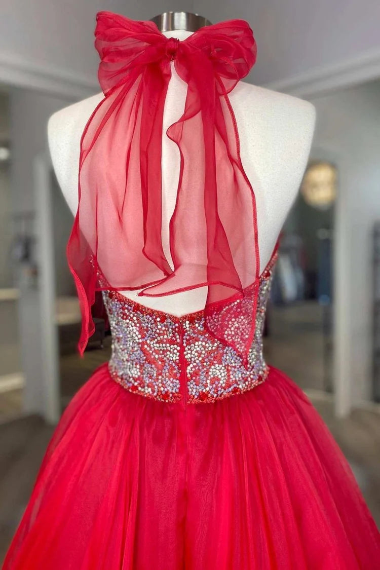 Red Halter Sequin Waist Tulle Evening Dresses