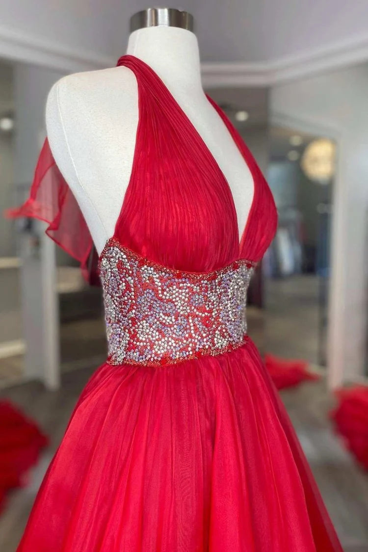 Red Halter Sequin Waist Tulle Evening Dresses