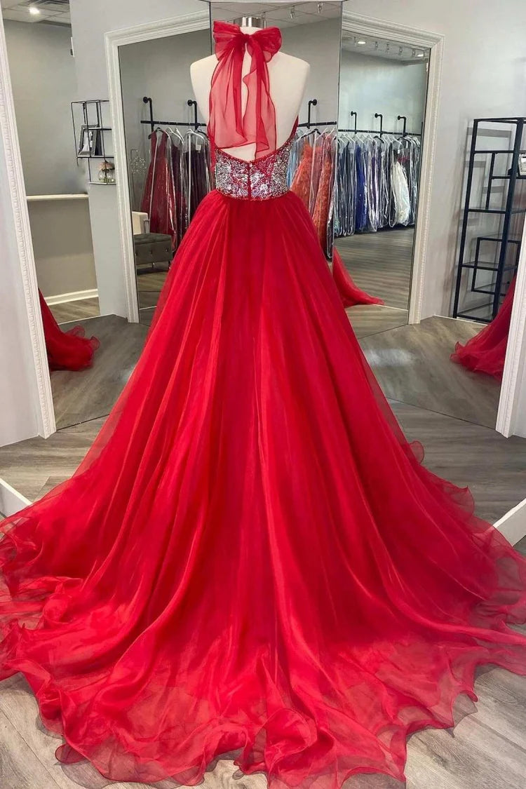 Red Halter Sequin Waist Tulle Evening Dresses