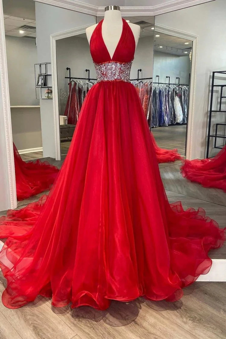Red Halter Sequin Waist Tulle Evening Dresses