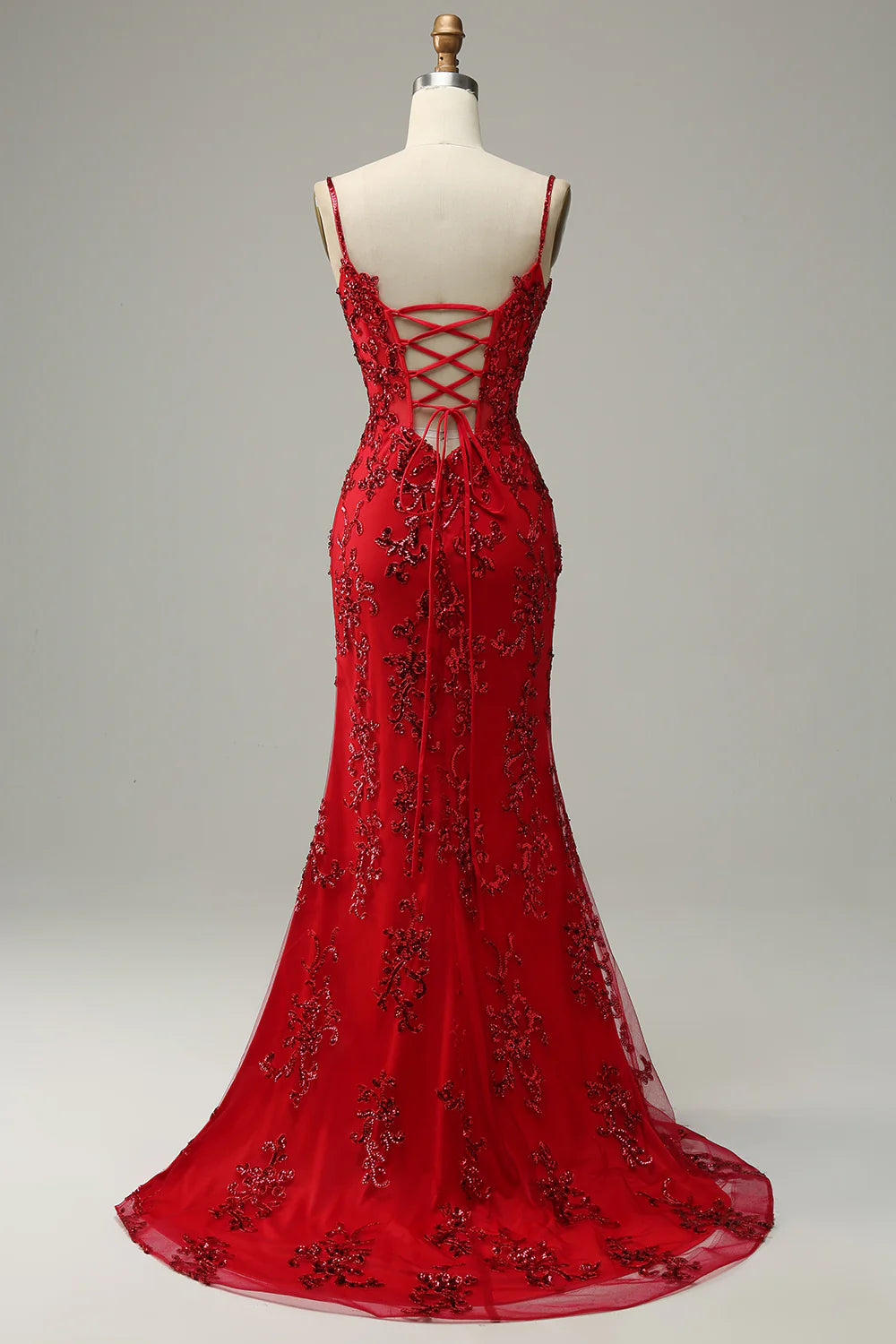 Red Lace Appliqué Beaded Spaghetti Strap High Slit Mermaid Evening Dresses