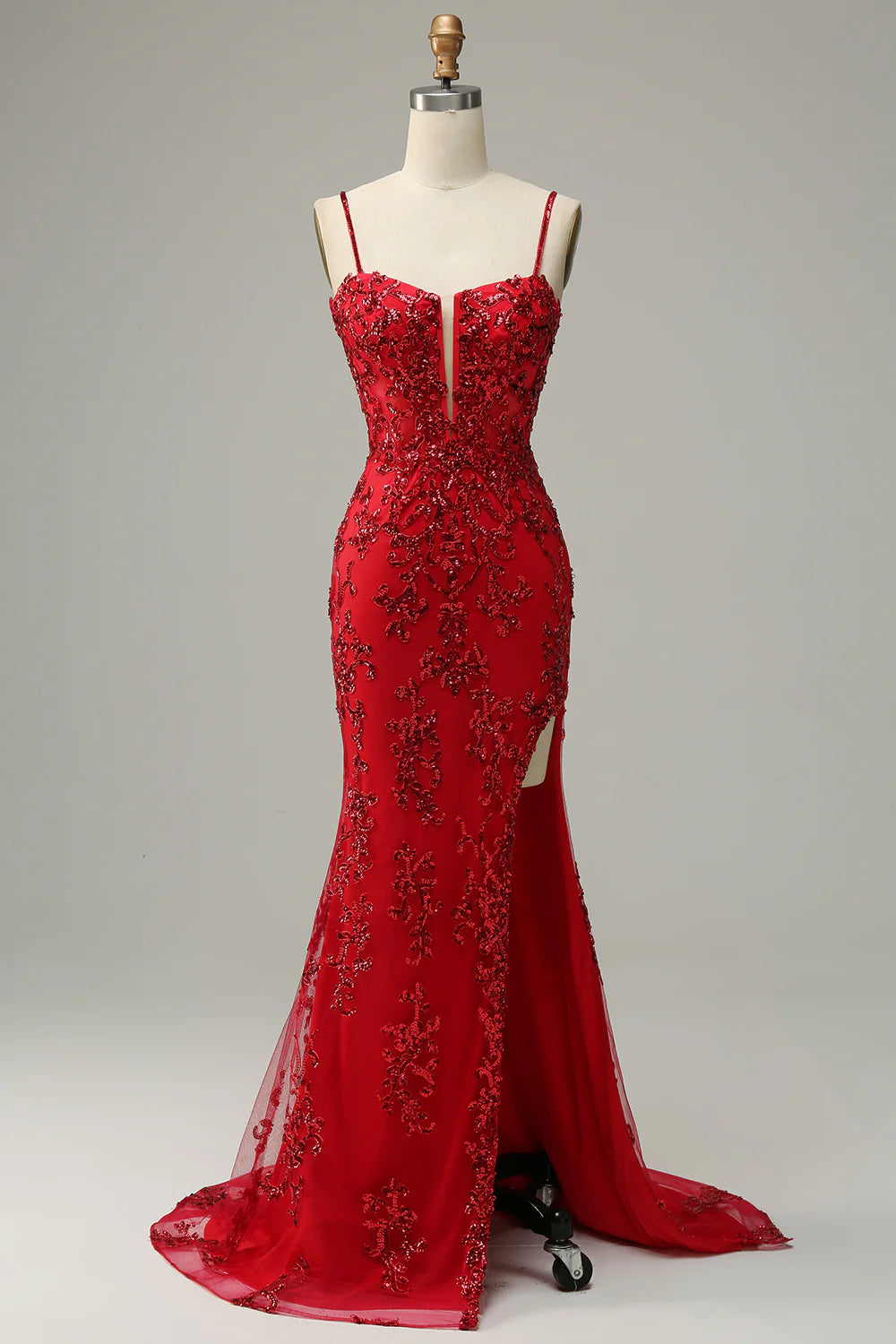 Red Lace Appliqué Beaded Spaghetti Strap High Slit Mermaid Evening Dresses