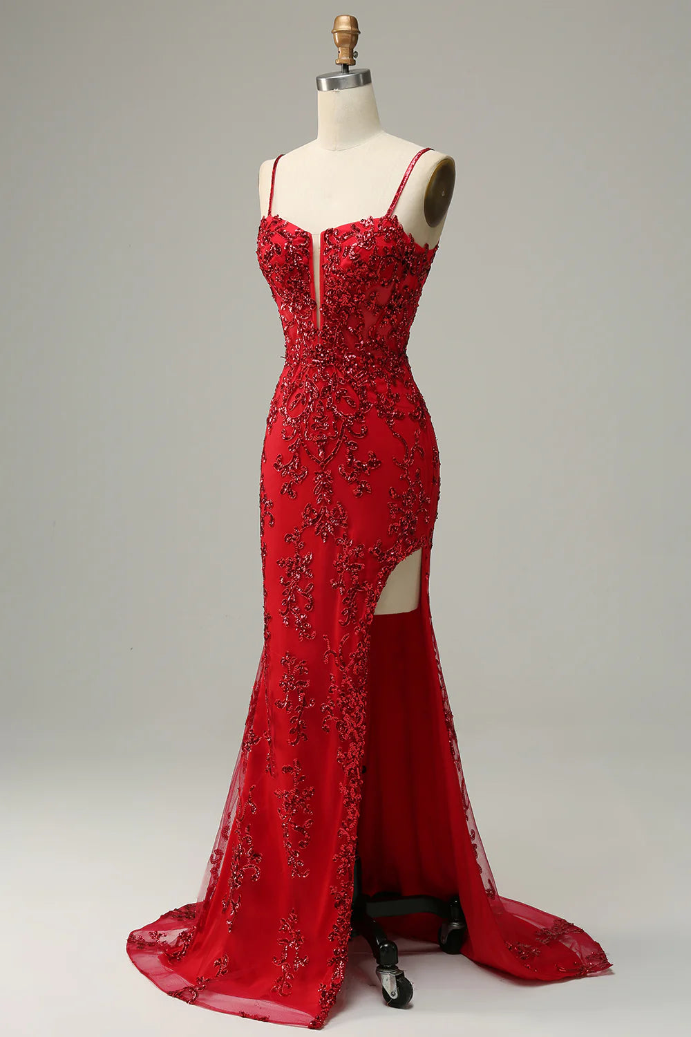 Red Lace Appliqué Beaded Spaghetti Strap High Slit Mermaid Evening Dresses