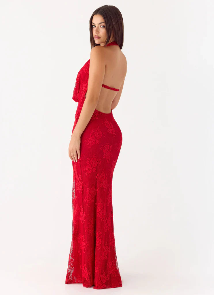 Red Lace Halter Cowl Neck Backless Maxi Prom Dress For Stunning Formal Evenings